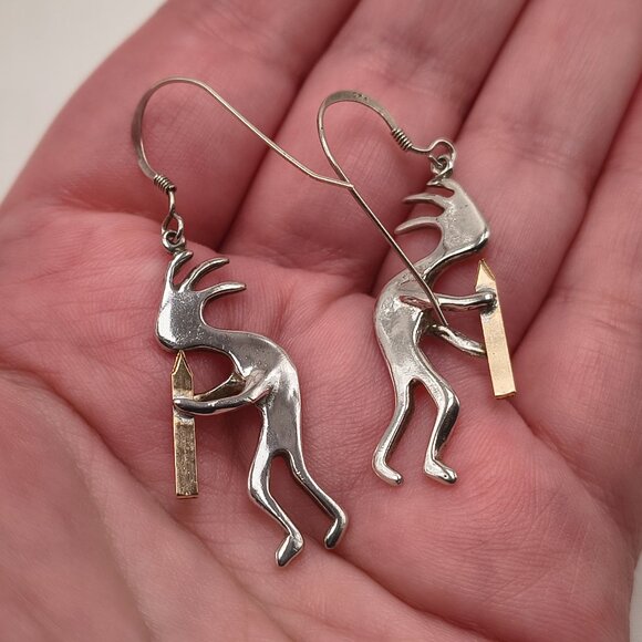 Vintage Sterling Silver Kokopelli Earrings With Gold-tone Flute - Picture 2 of 4